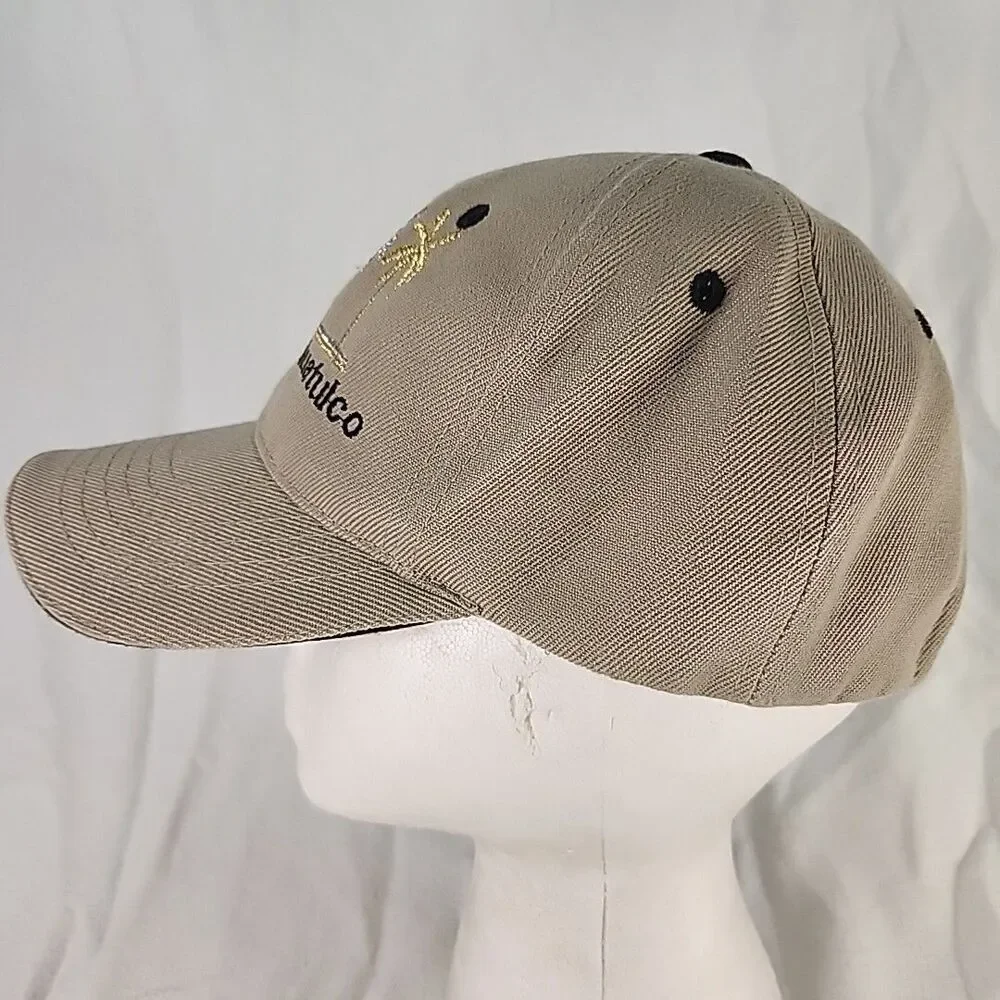 Cap Bahia De Huatulco Tan Baseball Hat Embroidered Gold/Silver Palm Trees Adj